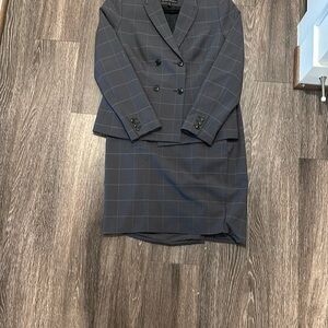 Double-Breasted Windowpane Blazer and Skirt Set - Navy